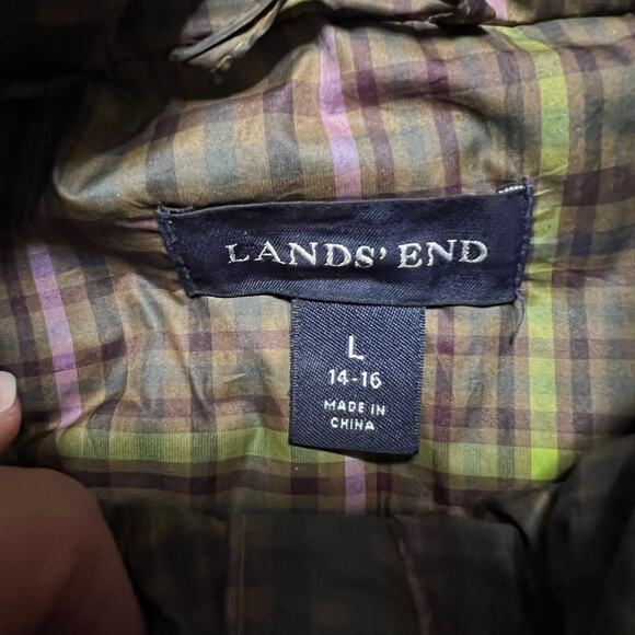 Lands End Coat Women Large 14-16 Plaid Puffer Quilted Jacket Brown Pink - Picture 7 of 8